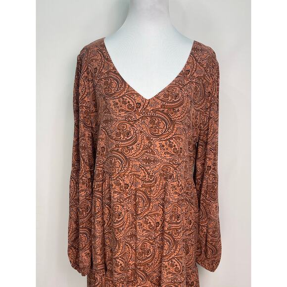 Lucky Brand Burnt Orange Paisley Tiered Midi Dress Long Sleeve Boho Chic Size M - Picture 2 of 11